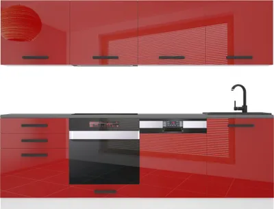 Produktbild von Belini Küchenzeile Küchenblock Alice - Küchenmöbel 240 cm Einbauküche Vollausstattung ohne Elektrogeräten mit Hängeschränke und Unterschränke, mit Arbeitsplatten, Rot Hochglanz
