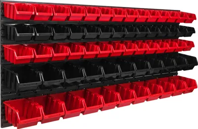 Image de Panneau à outils mural 173,4 x 78 cm avec 64 pcs. Boîtes suspendues rouges et noires Boîtes empilables