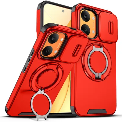 Obrázek produktu pro Dvouvrstvé pouzdro pro Xiaomi Poco X8 Pro Max / Redmi Turbo 5 Max, posuvným krytem fotoaparátu a magnetickým kroužkovým stojánkem Červený