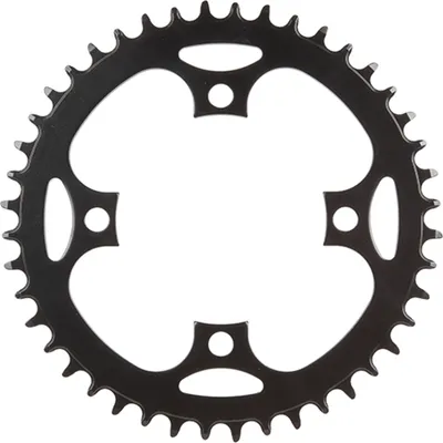 A black bicycle chainring on a white background.