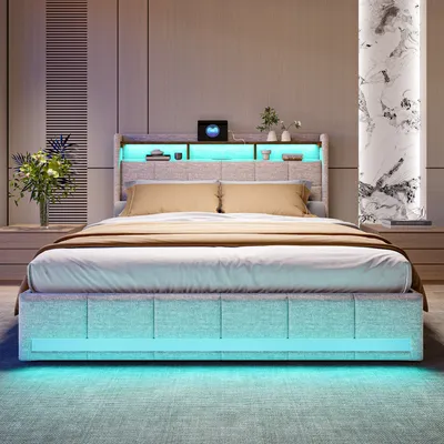 Immagine prodotto di Letto imbottito 160x200 con LED e USB, letto matrimoniale con 4 cassetti contenitori, testata imbottita con ripiano, letto contenitore letto in metallo letto giovanile struttura letto, tessuto velluto (beige, 160×200 cm)