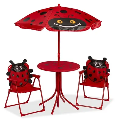 Productafbeelding van Relaxdays Campingset voor kinderen, met een motief van lieveheersbeestjes, bestaande uit een kindersitgroep met parasol, inklapbare stoelen en een tafel, rood