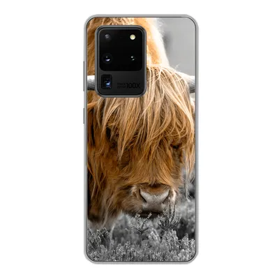 Produktbild von MuchoWow® Handyhülle Schutzhülle Hülle für Samsung Galaxy S20 Ultra Scottish Highlander - Pflanzen - Schwarz - Weiß Silikon Softcase Handy Hülle - Karteninhaber