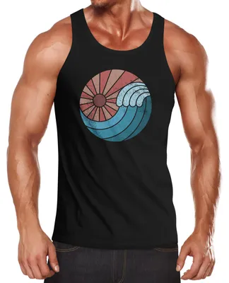 Produktbild von Herren Tank-Top Welle Wave Sonne Sommer Retro Vintage Printshirt Muskelshirt Muscle Shirt Neverless® schwarz XXL