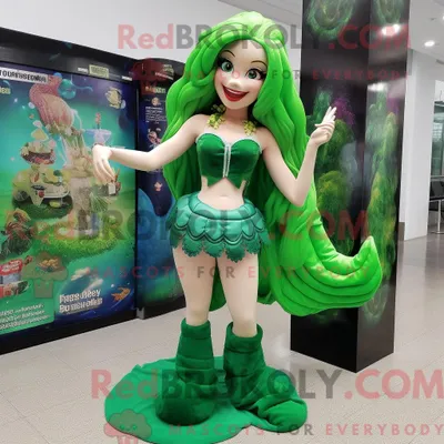 Productafbeelding van Mascot REDBROKOLY karakter van een bosgroene zeemeermin gekleed met een minirok en oorbellen