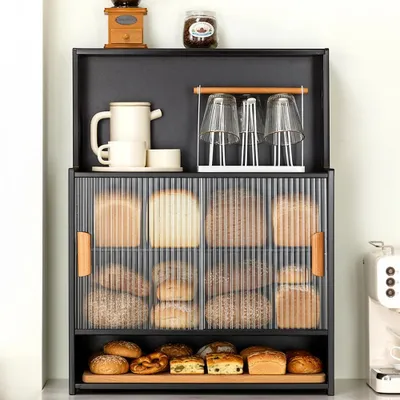 Image de Armoire de rangement pour cuisine - Armoire de cuisine 55 cm - Bois - Porte coulissante en verre rainuré - Étagères réglables - Plusieurs compartiments - Noir