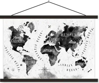 Produktbild von MuchoWow® Textilposter Weltkarte - Aquarell - Schwarz - Weiß 120x80 cm mit schwarzem Rahmen - Wanddeko