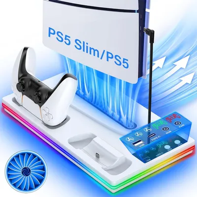 Image de Support 3-en-1 avec contrôleur de charge et ventilateur, support vertical pour PlayStation 5 Pro, Slim et Standard (version disque/numérique), refroidisseur avec éclairage RGB et 2 ventilateurs