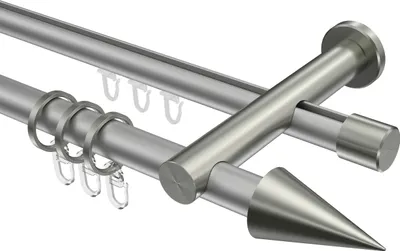Produktbild von Interdeco Rundrohr-Innenlaufstange / Gardinenstange (Kombination) Silbergrau / Edelstahl-Optik, Typ Platon Savio (Kegel), 20 mm Ø 2-läufig, 180 cm