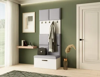 Produktbild von Garderobe MARGARET I , Farbe: Weiß + Grau , mit gepolsterten Paneelen und Kleiderhaken
