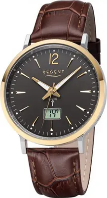Image de Regent cuir homme montre FR-244 Montre analogique numérique brun Montre radio D2URFR244