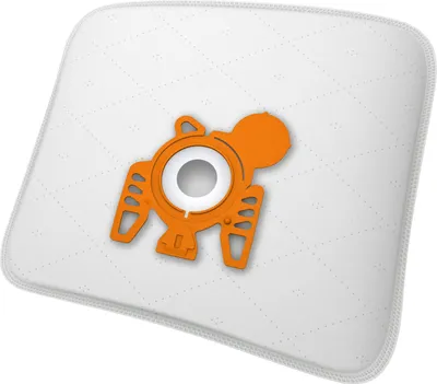 A white vacuum cleaner bag with an orange connector piece.