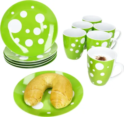 Produktbild von Pula grün 12tlg Frühstücksset Porzellan gepunktete Teller Becher
