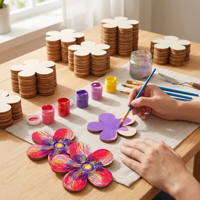 Immagine prodotto di 30 fiori in legno, 7,5 cm, realizzati con materiali naturali, ideali per la decorazione di matrimoni