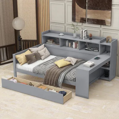 Image de MODFU Lit Banquette 90x200 cm - Lit Ado avec Bureau et Rangement - 2 Tiroirs, Ports USB et Prise - Sans Matelas - Gris