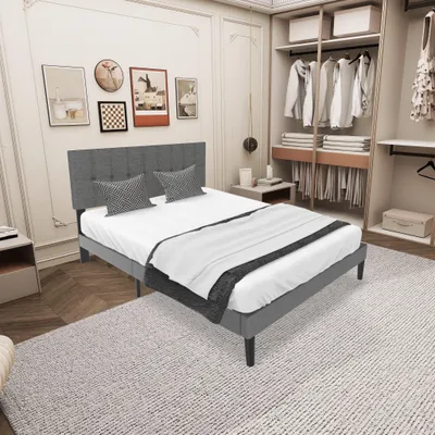 Produktbild von Leinenbezogener Bettrahmen - Bettrahmen mit Kopfteil - Bett mit Lattenrost - Schlafzimmerbett - Boxspringbettgestell