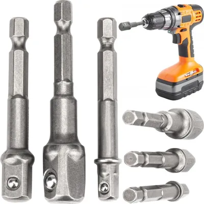 A collage of drill bit adapters and a cordless drill.