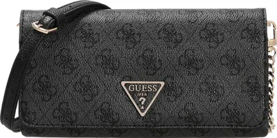 A black Guess Noelle clutch bag with a repeating Guess logo pattern and a silver Guess triangle logo on the front.