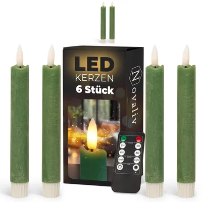 Productafbeelding van LED-kaarsen met timer, groen, 6 stuks, voor gebruik binnenshuis - 6 uur - ECHTE WAS, 18 cm hoog, geschikt voor kaarsen met een diameter van 2,2 cm. 2 AAA-batterijen nodig. LED-kaarsen, set van 2, groen (twee stuks), met bewegende vlam en licht