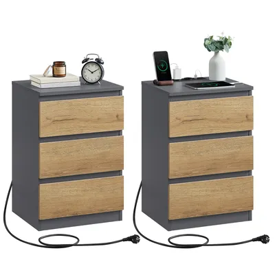 Produktbild von VASAGLE Nachttisch 2er Set, mit 2 AC-Steckdosen & 2 USB-Anschlüssen, Schiefergrau-Naturbraun, abgeschrägte Kante, Holzspanplatte, unsichtbare Griffe, 35x40x59 cm (T x B x H)