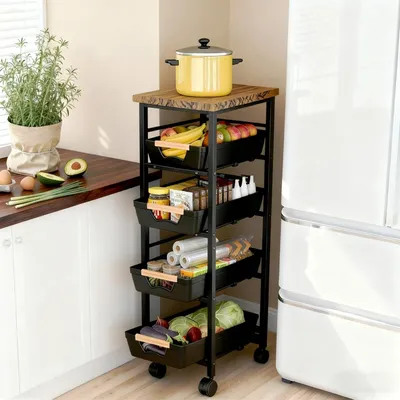 Immagine prodotto di Carrello portaoggetti per la cucina, 5 ripiani, in metallo e legno, con cassetti, dimensioni 23,5 x 39,5 x 81,5 cm, ideale per piccoli spazi