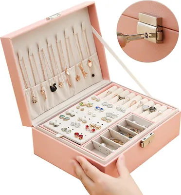 Produktbild von Schmuckkasten, Schmuckaufbewahrung, Doppelschicht Aufbewahrungskoffer für Ringe Ohrringe Armbänder Halsketten Schmuck Veranstalter Geschenkbox
