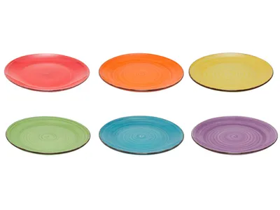 Six colorful plates arranged in two rows of three against a white background.