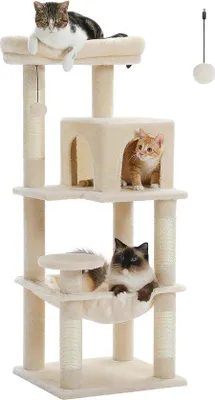 Productafbeelding van Kattentoren met metalen pluche hangmat, 2-deurs kattenhuis, krabpaal met 6 lades en grote zitstokken, beige, 116 cm