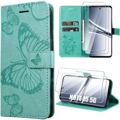 Image de Coque + 2 Verres Trempés pour Xiaomi Redmi Note 15 5G/4G, Cuir Synthétique Motif Papillon Vert