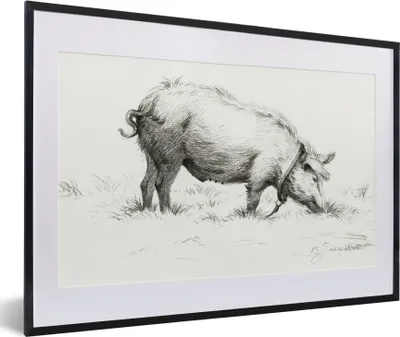 Produktbild von MuchoWow® MuchoWow® Gerahmtes Poster Stehendes Schwein im Gras - Gemälde von Jean Bernard 60x40 cm - Poster mit zchwarzem Bilderrahmen - Schlafzimmer - Plakat in Rahmen - Drucken