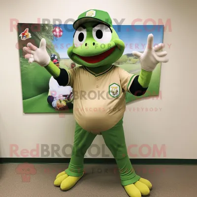 Produktbild von Maskottchen REDBROKOLY Kostümfigur Oliver Frosch bekleidet mit einem Baseball-T-Shirt und Ohrringen