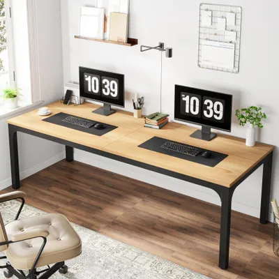 Image de Bureau pour 2 personnes - Bureau double pour ordinateurs de 200 cm - Espace de travail extra-long - Rectangulaire en hêtre - Bureau pour le télétravail - Naturel
