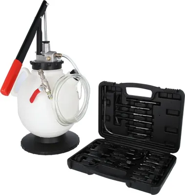 A fluid transfer system and a tool kit are displayed against a white background.