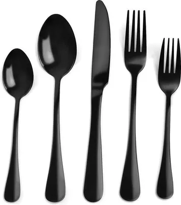 Productafbeelding van Unyqoos® 30-delige bestekset, zwart – roestvrij staal 18/10, voor 6 personen, inclusief messen, vorken en lepels, inclusief dessertlepels en theelepels, hoogglanz gepolijst, vaatwasmachinebestendig