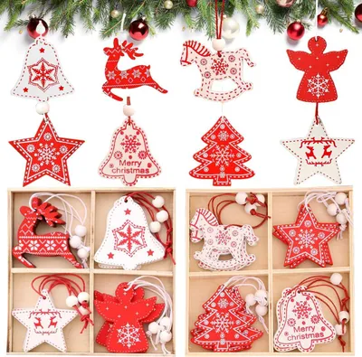 Image de Décorations de Noël en bois, lot de 24 pièces, 8 motifs différents, pour la décoration de Noël