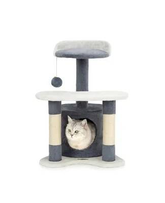 Produktbild von lionto Kratz- & Spielbaum, 65 cm stabiler Katzenbaum mit Sisalstämmen, Plüschhöhle & Spielball, ideal für kleine Katzen, grau/weiß
