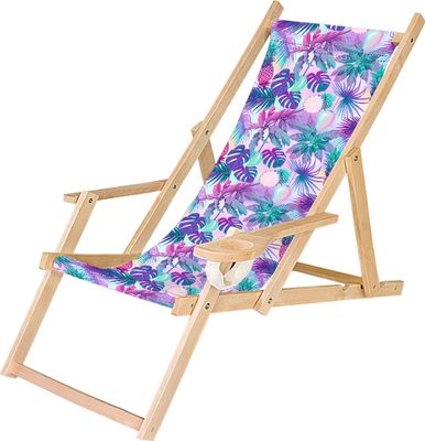 Holz Liegestuhl Klappbar Klappliegestuhl mit Armlehne und Getränkehalter Strandstuhl Motiv Palmen Magenta-Türkis [119]