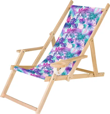 Produktbild von Holz Liegestuhl Klappbar Klappliegestuhl mit Armlehne und Getränkehalter Strandstuhl Motiv Palmen Magenta-Türkis [119]