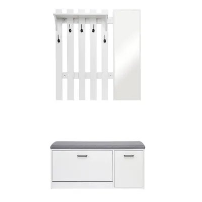 A white coat rack with a mirror and a white shoe cabinet with a gray cushion are shown against a white background.