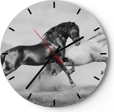 Produktbild von Wanduhr - Rund - Glasuhr - Pferde Tiere Galopp Wiese - 30x30cm - Schleichendes Uhrwerk - Lautlos - zum Aufhängen bereit - Dekoration Modern - Wanddekoration aus Glas - C3AR30x30-2683
