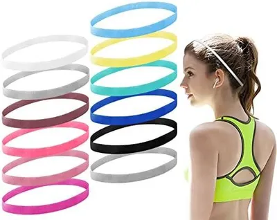 Produktbild von 12 dünne Sportstirnbänder, elastische rutschfeste Haarbänder für Damen