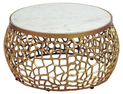 Couchtisch Marmor Gold rund 60 cm mit rundem Marmortop und durchbrochenem Aluminiumgestell in Gesamtansicht.