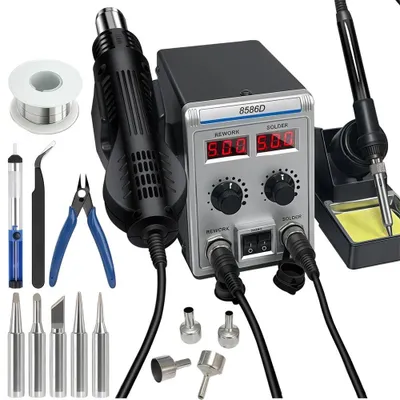 Produktbild von Lötstation - 8586D 2in1 Rework - 700W 220V AC - Heißluftgebläse und Lötkolben - LCD Dualanzeige - SMD - EU Stecker - 120 L/min Luftstrom
