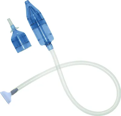 A blue nasal aspirator with a clear tube and a white tip, shown against a white background.