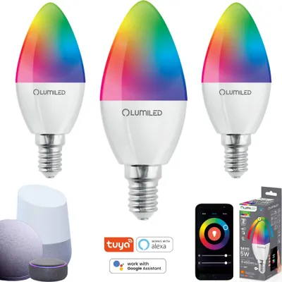 Produktbild von 3x LUMILED Smart SAYO B35 LED žárovka E14 5W (40W) 450lm WLAN stmívatelná Vícebarevná RGBW Wifi žárovka Časovač Chytrá domácnost 16 milionů barev Ovládání pomocí aplikace kompatibilní s Amazon Alexa Google Assistant Tuya