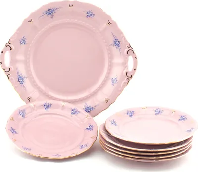 Produktbild von Leander Tortengarnitur Sonata, blaue Blumen, rosa Porzellan, Leander, 7 Stück