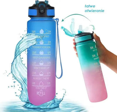 Produktbild von Wasserflasche mit Messbecher und Strohhalm 1l ombre blau mit fuchsia bd18