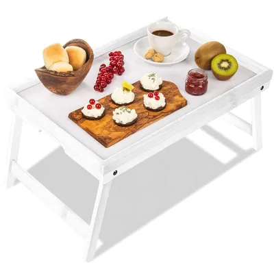 Immagine prodotto di Vassoio per la colazione, vassoio da letto in legno bianco con gambe pieghevoli – Vassoio da servizio e supporto per notebook – Tavolino da letto 50x30x22 cm