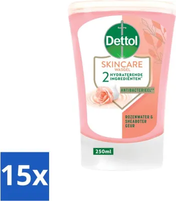 Obrázok produktu pre Dettol - Náplň do umývacieho gélu - Starostlivosť o pleť - Ružová voda a bambucké maslo - 250 ml - Hodnotné balenie - 15 kusov