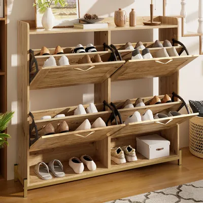 Produktbild von STILVORA Schuhschrank mit Türen aus Holzleisten, Flurschrank mit 4 Türen, Metallrahmen und Ablage, Platzsparender Schuh-Organizer für Eingangsbereich, Flur oder Schlafzimmer